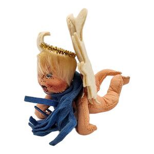 Vintage 1990 Annalee 7" Cherub Angel Doll - Blue Scarf Gold Halo - Meredith NH